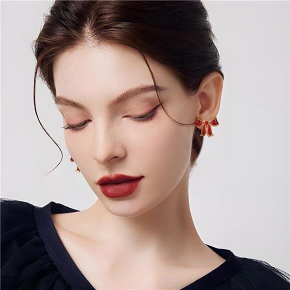 Red Bow Earrings | 18K Gold Plated Studs | Shiny Oil Drop Finish - Picture 5 of 7